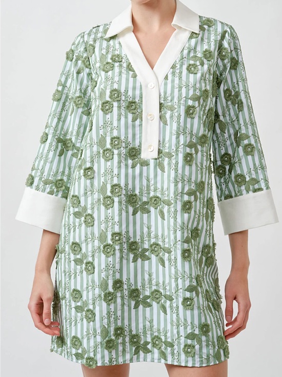 Maude Club Dresses & Skirts - Maude Club CeCe Tunic Dress 3D Flowers Green Stripes Small NWT $152 Preppy Vacay